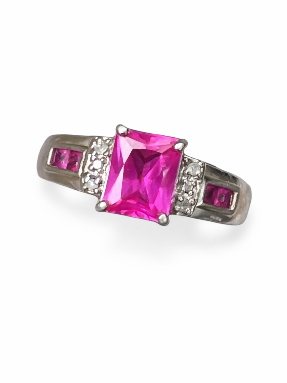 925 Sterling Silver Pink CZ Emerald Cut Ring Vintage Style Statement